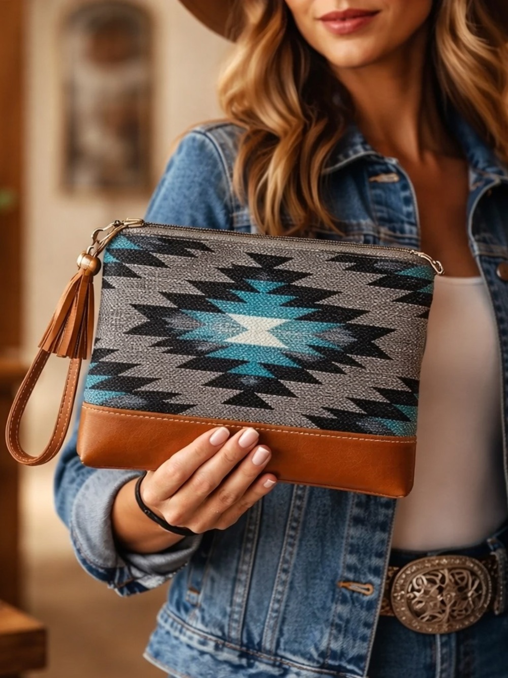 Myra Bag- Turquoise Aztec Print Wristlet Clutch or Pouch Rug canvas Leather